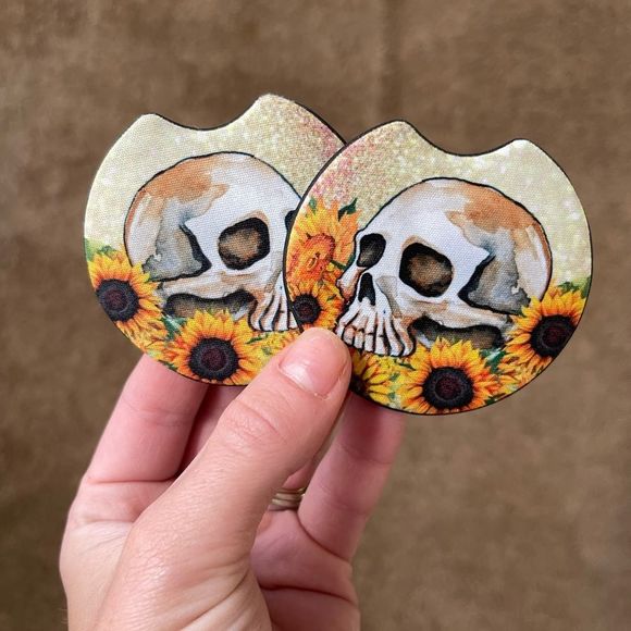 Sunflower Skull Car Coaster 2 Pack - Picture 3 of 12